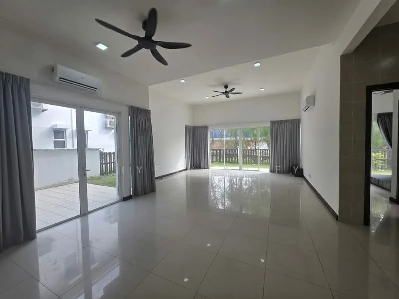 Living features: large floor-to-ceiling windows, sliding glass door, grey curtains, 2 ceiling fans, recessed downlights, white painted walls, polished ceramic tile flooring, air conditioning unit, view of outdoor space; style: modern; view: garden.