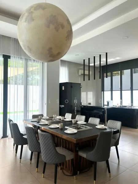 Dining features: large wooden dining table, 8 upholstered dining chairs, pendant light fixture resembling the moon, floor-to-ceiling windows, sheer curtains, black cabinetry, stainless-steel fridge, ceramic tile flooring, recessed ceiling lights, decorative wall paneling; style: modern; view: garden. Kitchen features: black cabinetry, stainless-steel fridge, open layout, recessed lighting, countertop space, kitchen island, modern appliances; style: modern.