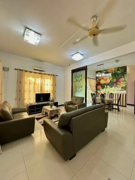 Living features: 2-seater fabric sofa in olive green, 2-seater fabric sofa in olive green, coffee table with decorative centerpiece, TV console with wall-mounted TV, area rug with geometric pattern, ceiling fan with light, recessed downlights, curtains with floral pattern, wall-mounted artwork with fruit theme, tile flooring, air conditioning unit; style: modern. Dining features: 4-seater dining table, wooden dining chairs, decorative wall with fruit theme, tile flooring; style: modern.