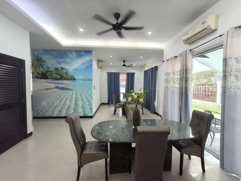 Dining features: round dining table with marble top, upholstered dining chairs, 5-blade ceiling fan with light, recessed downlights, floor-to-ceiling windows, sliding glass door, curtains in blue and grey, decorative vase with flowers, wall mural with beach scene, cream tiled flooring; style: modern; view: garden.