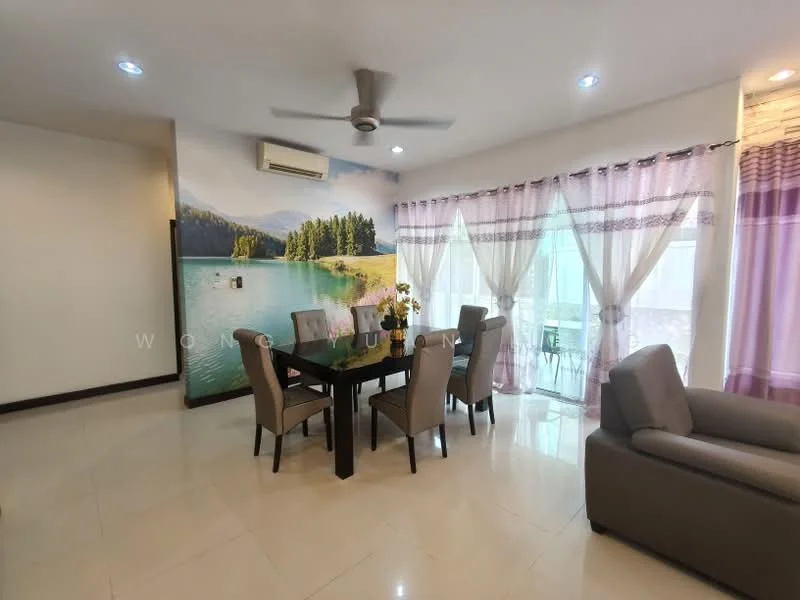 Dining features: dining table with 6 chairs, light grey upholstered chairs, ceiling fan, large windows with sheer curtains, purple curtains, wall mural of a lake and mountains, white painted walls, glossy tile flooring, air conditioning unit; style: modern; view: lake. Living features: beige fabric sofa, coffee table, decorative throw pillows; style: modern.