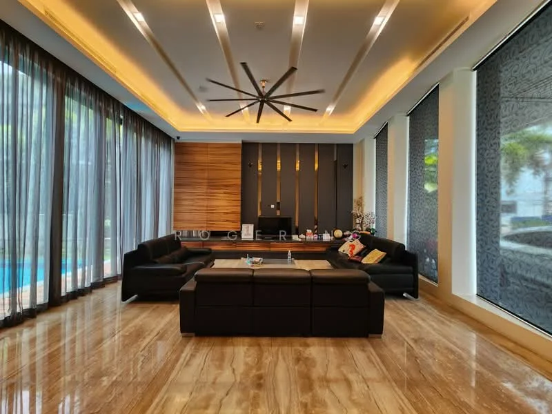 Living features: 5-blade ceiling fan with integrated LED light, black leather sectional sofa, coffee table, wall-mounted TV, wood feature wall, marble flooring, floor-to-ceiling windows, sheer curtains, blackout curtains, decorative cushions, decorative items on shelves, recessed downlights; style: modern; view: pool.
