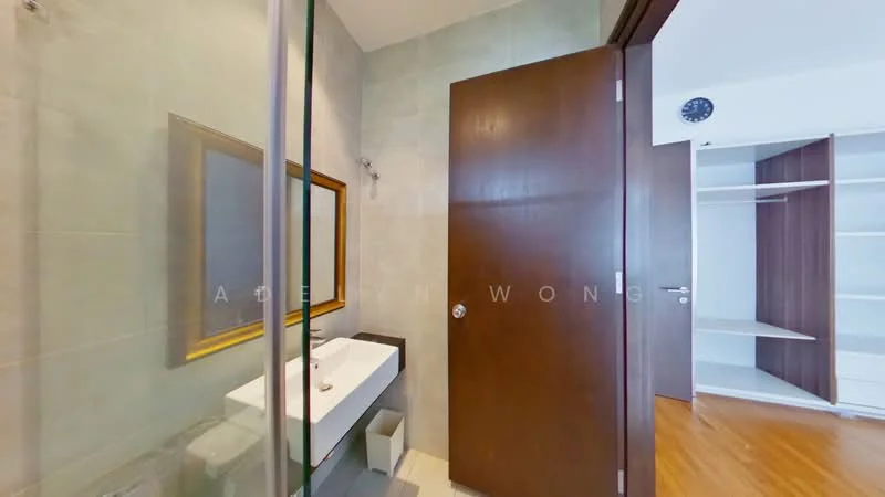 Bathroom features: glass shower enclosure, single-sink vanity with white cabinet, mirror with gold frame, chrome basin mixer faucet, grey tiled walls, light wood flooring, recessed downlights, towel rack; style: modern. Room features: built-in wardrobe, open shelving, wooden door.