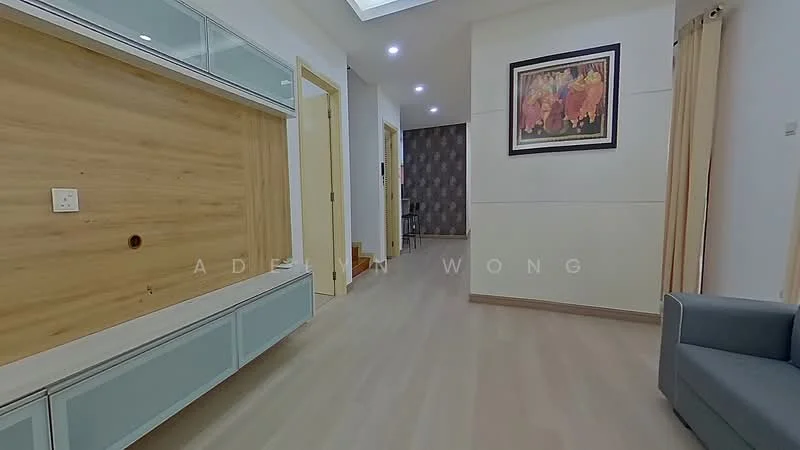 Room features: light wood paneling on feature wall, white painted walls, laminate flooring, recessed ceiling lights, large artwork on wall, curtains on window, sofa in grey fabric, doorway leading to other rooms; style: modern.