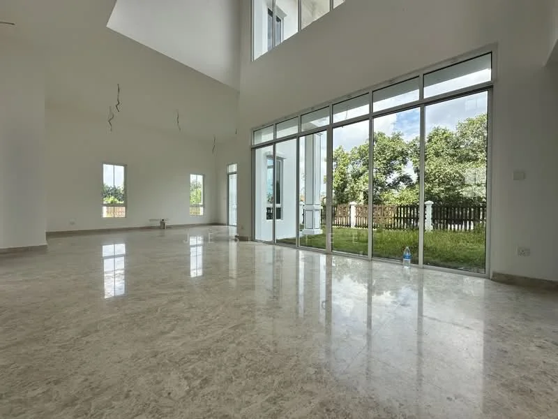 Living features: marble flooring, white painted walls, high ceiling, floor-to-ceiling windows, sliding glass door, natural light, view of garden, recessed downlights; style: modern; view: garden.
