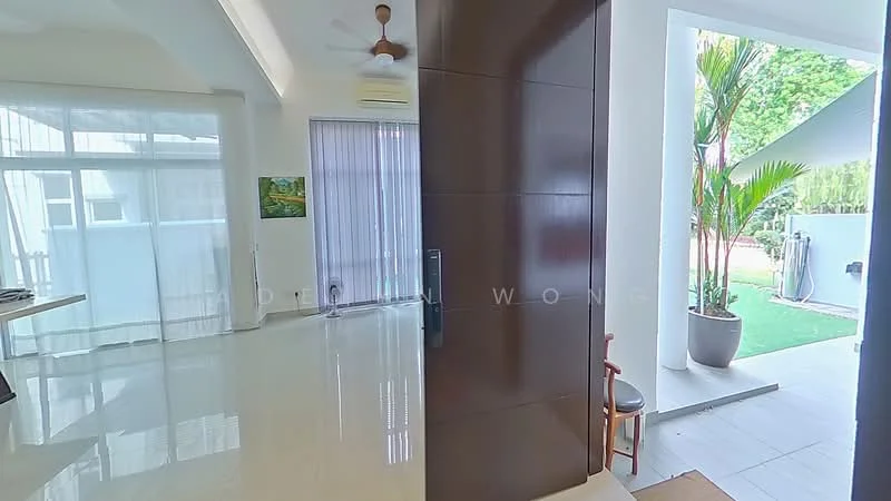 Room features: glossy tile flooring, white walls, large windows with sheer curtains, ceiling fan, wooden door, potted plants, open layout, natural light, view of outdoor greenery; style: modern; view: garden.