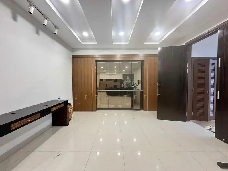 Room features: white painted walls, recessed ceiling with LED lighting, glossy tile flooring, wooden cabinetry, glass partition, double doors, built-in wall shelf, open layout, neutral color palette; style: modern.