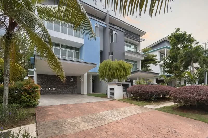 Exterior type: detached bungalow; features: two-storey building, concrete facade with blue and grey accents, large windows, manicured lawn, paved driveway, tropical landscaping with palm trees, bushes and shrubs, covered porch area, modern architectural design; style: modern.