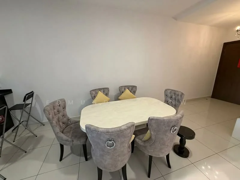 Dining features: oval dining table with marble top, 6 upholstered dining chairs in grey, tufted chair backs, black wooden legs on chairs, white painted walls, glossy white tile flooring, decorative wall sconce, neutral-colored cushion on chairs; style: modern.