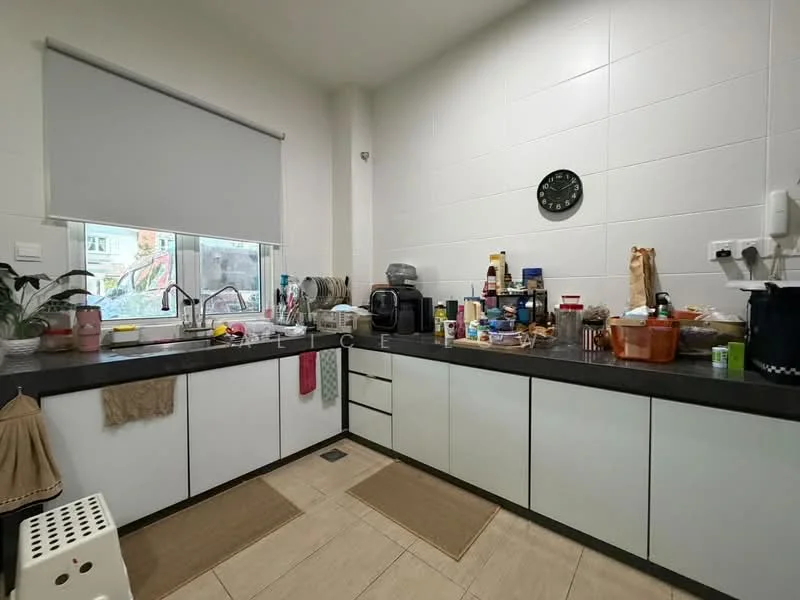 Kitchen features: white cabinetry with flat-panel doors, black countertop, stainless-steel sink, chrome faucet, built-in microwave, freestanding coffee machine, toaster, various kitchen utensils and condiments, window with roller blinds, tile flooring, wall clock, decorative plant; style: modern.