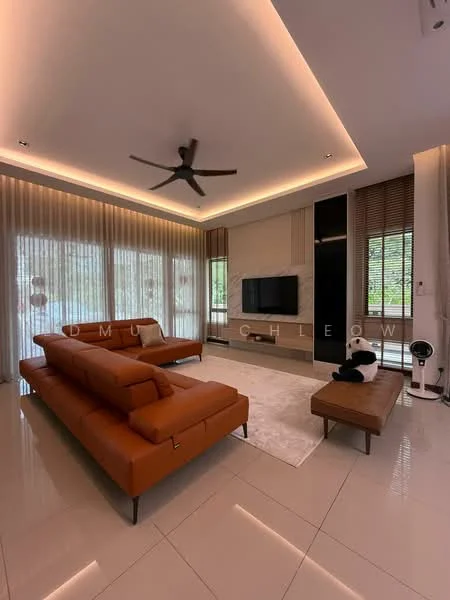 Living features: 3-seater leather sofa in brown, coffee table, wall-mounted TV, area rug, 5-blade ceiling fan, recessed LED downlights, floor-to-ceiling windows, sheer curtains, wooden blinds, decorative wall paneling, light-colored walls, polished tile flooring; style: modern; view: garden.