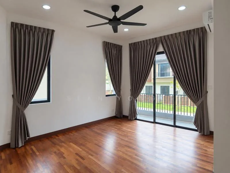 Living features: wooden flooring, white painted walls, 5-blade ceiling fan with light, floor-to-ceiling windows, sliding glass door, sheer curtains, dark brown curtains, balcony view; style: modern; view: garden.