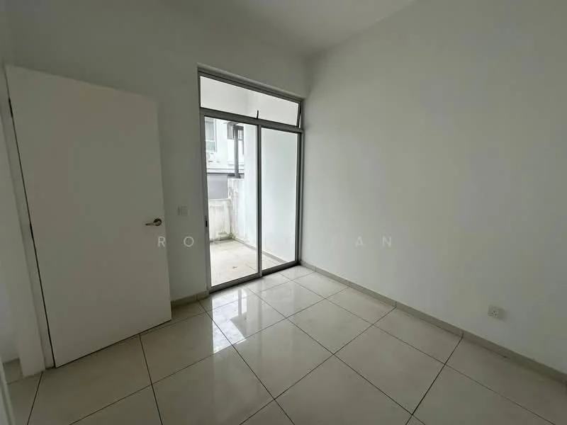 Room features: white painted walls, glossy ceramic tile flooring, floor-to-ceiling windows, sliding glass door, natural light from window, plain ceiling, single door, minimalist design; style: modern.