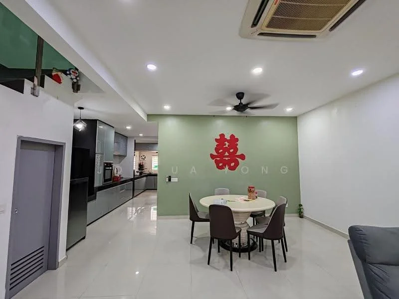 Living features: white painted walls, green accent wall with decorative symbol, recessed downlights, 5-blade ceiling fan, glossy tile flooring, round dining table, 4 upholstered dining chairs, sofa in grey, open layout to kitchen, wall-mounted air conditioning unit; style: modern. Kitchen features: white cabinetry, black countertops, stainless-steel appliances, open layout to living area; style: modern.
