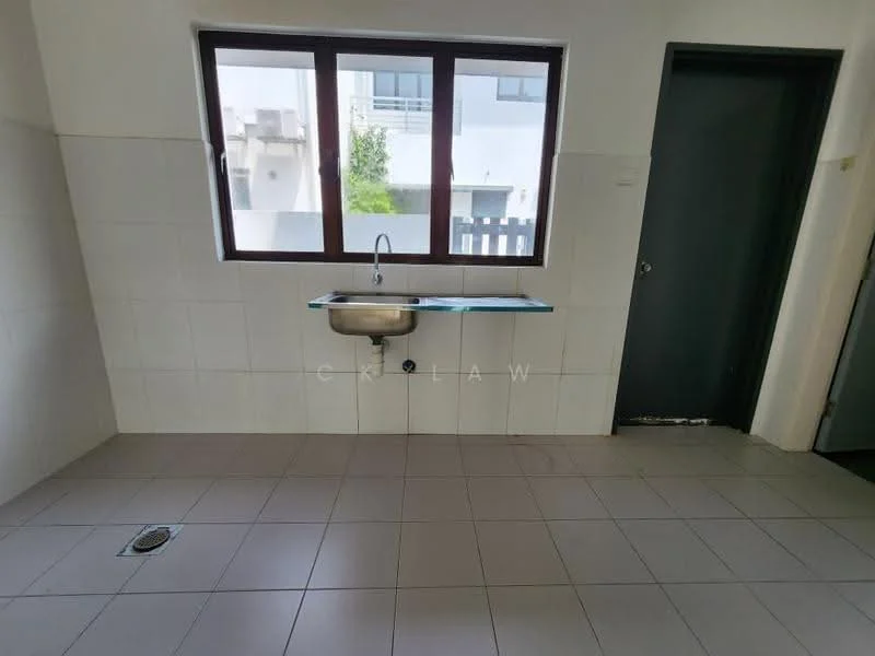 Laundry features: single-bowl stainless-steel sink, white tiled walls, grey floor tiles, window with view to exterior, door leading to exterior.