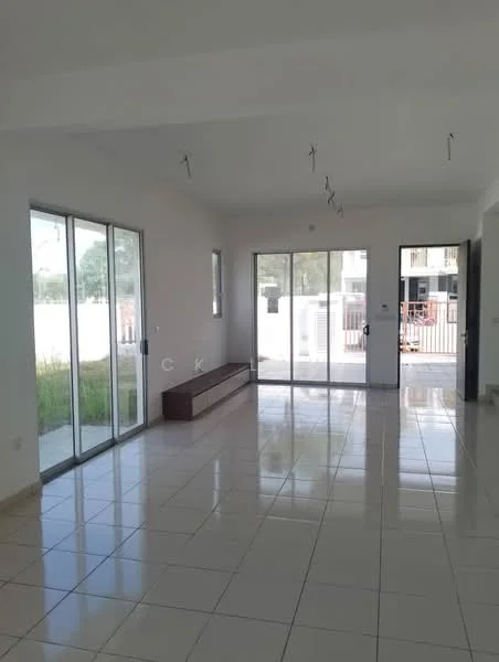 Living features: white painted walls, glossy ceramic tile flooring, sliding glass door, floor-to-ceiling windows, recessed downlights, built-in bench, open layout, natural light from large windows; style: modern; view: garden.