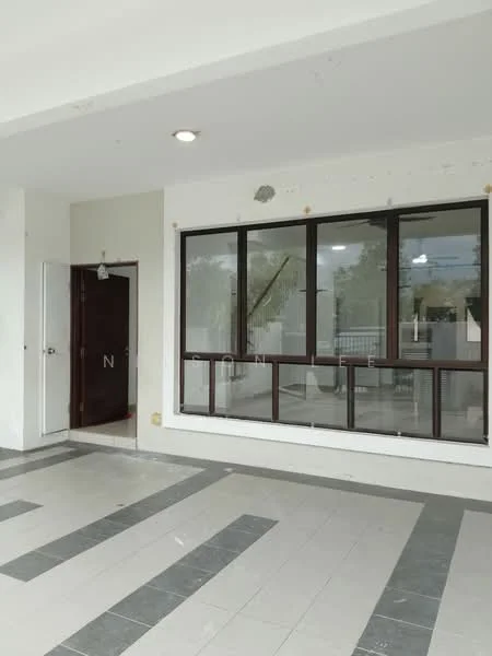 Room features: large floor-to-ceiling windows, white painted walls, grey tiled flooring, recessed ceiling lights, door leading to another room, open layout, natural light from windows, view of outdoor space; style: modern; view: garden.