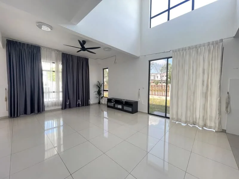 Living features: white painted walls, glossy ceramic tile flooring, 5-blade ceiling fan with light, floor-to-ceiling windows, sliding glass door, sheer curtains, blackout curtains, decorative plant in pot, TV console, natural light from windows; style: modern; view: garden.