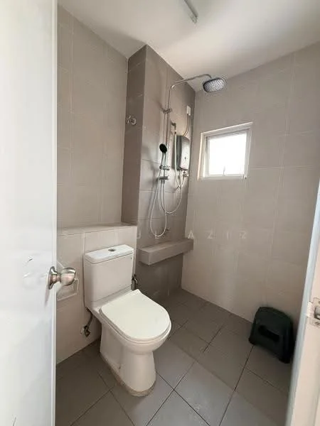 Bathroom features: one-piece toilet, shower with handheld showerhead, wall-mounted shower control, small window, grey tiled walls, grey tiled flooring, built-in shower bench, chrome showerhead; style: modern.