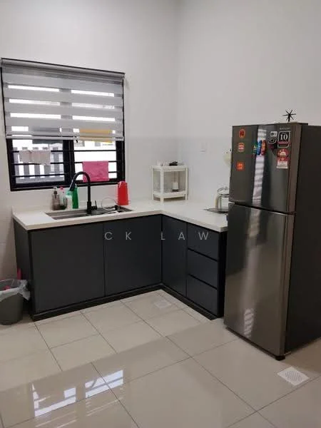 Kitchen features: grey cabinetry, white countertop, single-bowl stainless-steel sink, chrome pull-down faucet, stainless-steel fridge, window with blinds, tile flooring, kitchen utensils on countertop, kettle, dish rack, garbage bin; style: modern.