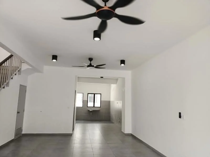 Living features: white painted walls, grey tiled flooring, 5-blade ceiling fan with light, recessed downlights, open layout, large windows, doorway leading to kitchen, wall-mounted electrical outlet; style: modern. Kitchen features: grey tiled flooring, white walls, sink, window for natural light; style: modern.