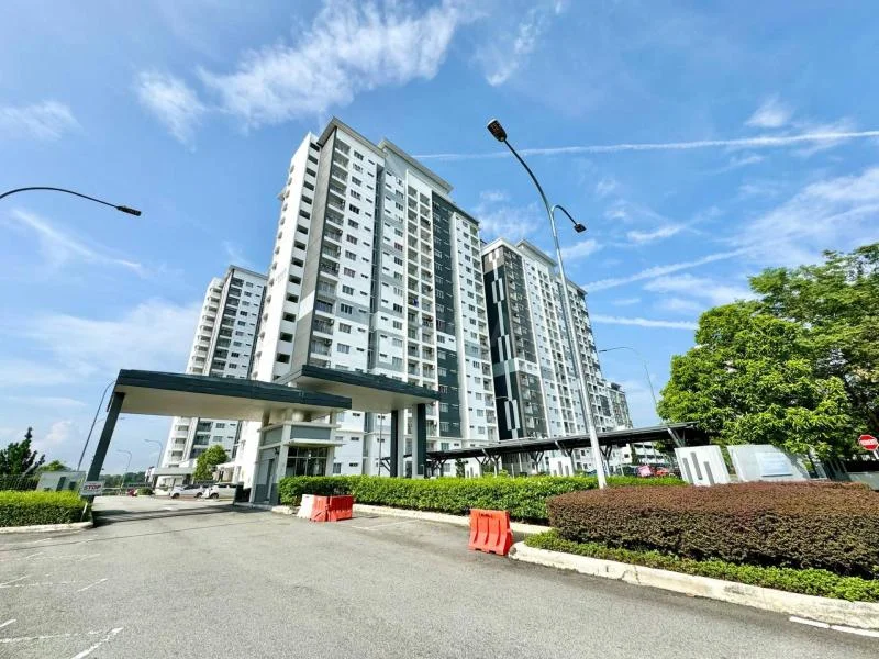 Exterior type: high-rise condominium; features: white painted facade, glass curtain wall, projecting balconies, approximately 20-storey high-rise, manicured lawn, mature trees, paved driveway, security guard house at entrance; style: modern.