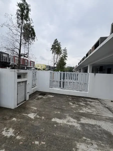Exterior type: linked terrace house; features: white painted facade, concrete flooring, metal gate, fenced yard, surrounding trees, two-storey structure, open space, adjacent buildings; style: modern.