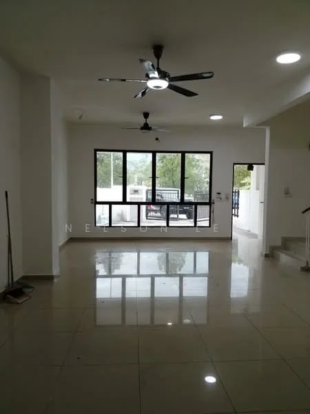 Living features: white painted walls, polished ceramic tile flooring, 5-blade ceiling fan, recessed downlights, floor-to-ceiling windows, sliding glass door, view of greenery, open layout; style: modern; view: garden.