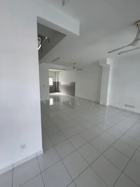 Room features: white painted walls, ceramic tile flooring, ceiling fan, large windows, open layout, neutral color scheme, high ceiling, natural light; style: modern.