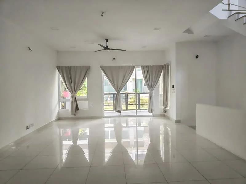 Living features: white painted walls, glossy ceramic tile flooring, 5-blade ceiling fan with light, floor-to-ceiling windows, sliding glass door, sheer curtains, natural light from windows, open layout; style: modern; view: garden.