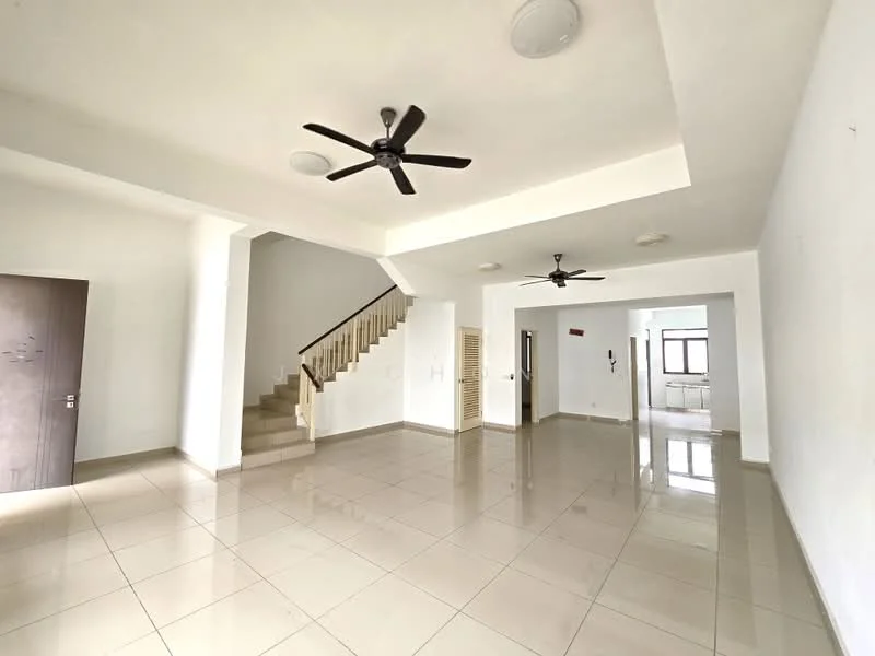 Living features: white painted walls, polished ceramic tile flooring, tray ceiling, 2 ceiling fans, staircase with wooden steps, open layout, natural light from windows, neutral color scheme; style: modern.
