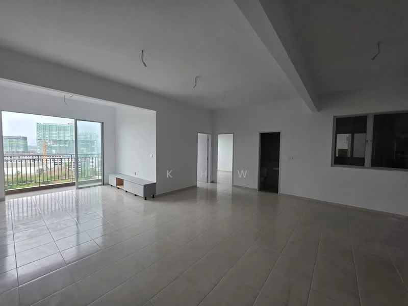 Living features: white painted walls, tile flooring, large floor-to-ceiling windows, balcony access, open layout, recessed ceiling, multiple light fixtures, neutral color scheme; style: modern; view: city. Room features: white painted walls, tile flooring, doorway leading to another room, window with view, neutral color scheme.