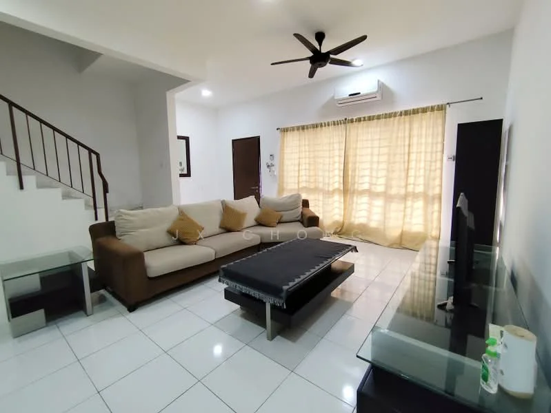 Living features: 3-seater fabric sofa in beige, coffee table, TV console, wall-mounted TV, ceiling fan, white painted walls, glossy white tile flooring, curtains, staircase, air conditioning unit; style: modern.