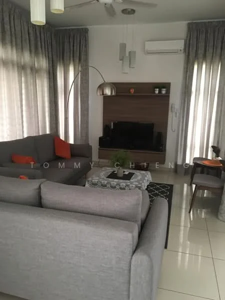 Living features: grey fabric sofa, orange accent cushions, coffee table with decorative cloth, wall-mounted TV, wooden TV console, 5-blade ceiling fan with light, recessed downlights, curtains, tile flooring, area rug with geometric pattern, decorative wall shelf, side table with chair; style: modern.