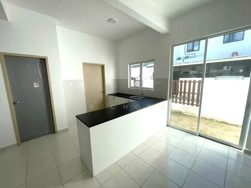 Kitchen features: black countertop, single-bowl stainless-steel sink, built-in cabinetry, white walls, tile flooring, window with view to outdoor area, sliding glass door, recessed ceiling lights; style: modern; view: garden. Room features: door to hallway, door to utility area.