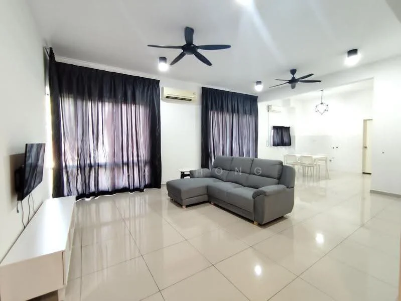 Living features: grey fabric sectional sofa, wall-mounted TV, white TV console, black sheer curtains, white walls, glossy tile flooring, 3-blade ceiling fan, recessed LED downlights, air conditioning unit, dining area with white chairs, decorative pendant light; style: modern.
