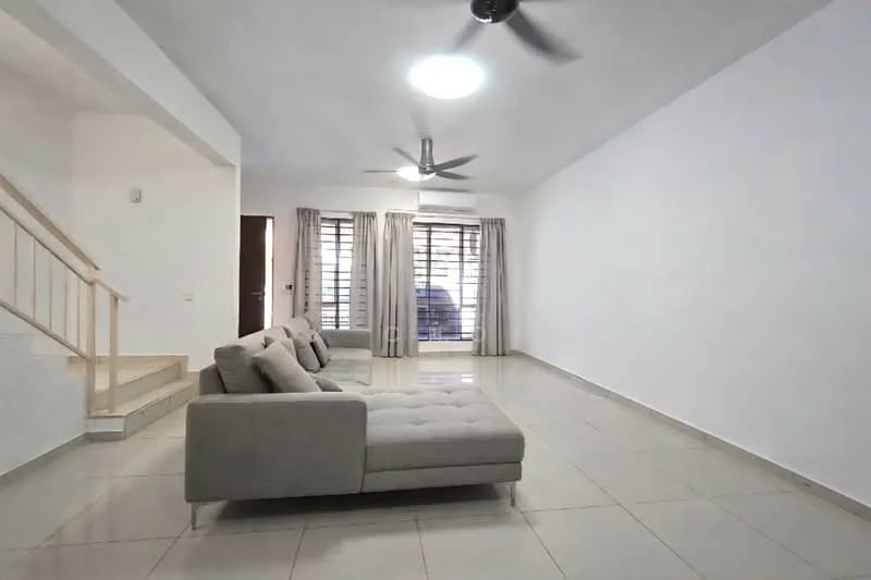 Living features: 3-seater fabric sofa in grey, ceiling fan, large window with horizontal slats, white painted walls, tile flooring, recessed ceiling lights, air conditioning unit, curtains, staircase leading to upper floor; style: modern.