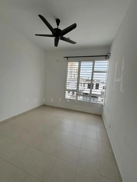 Room features: white painted walls, tile flooring, 5-blade ceiling fan, floor-to-ceiling windows, window treatments with horizontal slats.