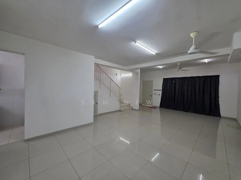 Living features: white painted walls, glossy ceramic tile flooring, recessed LED downlights, 5-blade ceiling fan, blackout curtains, staircase leading to upper floor, air conditioning unit, open layout; style: modern. Room features: white painted walls, glossy ceramic tile flooring.