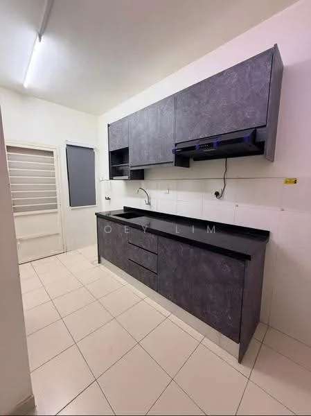 Kitchen features: grey laminate cabinetry, black granite countertop, single-bowl stainless-steel sink, chrome pull-down faucet, built-in range hood, white tiled backsplash, white tiled flooring, wall-mounted cabinets, under-cabinet lighting; style: modern.