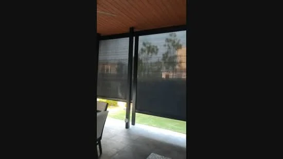 Room features: roller blinds, sliding glass door, outdoor view, tile flooring, ceiling with wooden panels, outdoor furniture, green lawn visible outside; style: modern; view: garden.