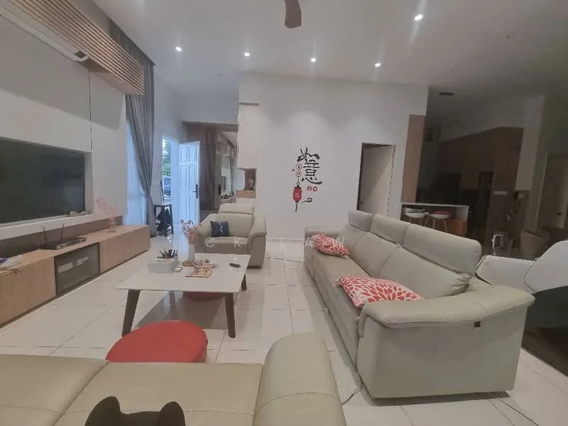 Living features: 3-seater leather sofa in light grey, 2-seater leather sofa in light grey, red accent cushions, coffee table with white surface, TV console with built-in storage, wall-mounted TV, white tiled flooring, recessed downlights, large windows with sheer curtains, decorative wall art, open layout to adjacent rooms; style: modern.