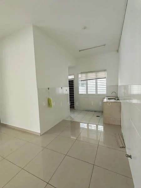 Laundry features: white painted walls, cream tiled flooring, single-bowl stainless-steel sink, wall-mounted faucet, window with horizontal blinds, built-in cabinetry, countertop space, light fixture; style: modern.