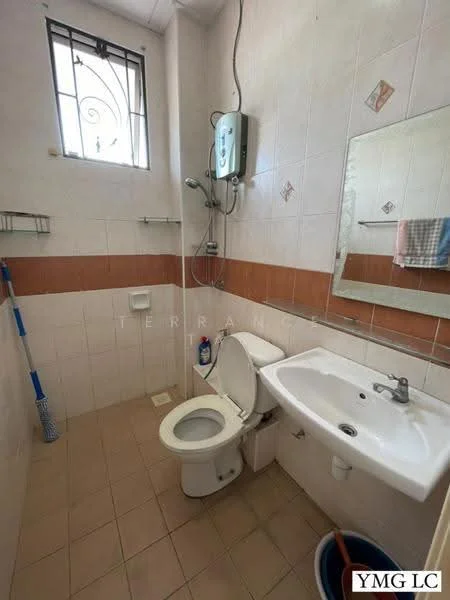 Bathroom features: white tiled walls, brown accent tiles, ceramic tile flooring, single-sink vanity with chrome faucet, framed mirror, one-piece toilet, shower with handheld showerhead, water heater mounted on wall, window with decorative grill, shelf for toiletries; style: modern.