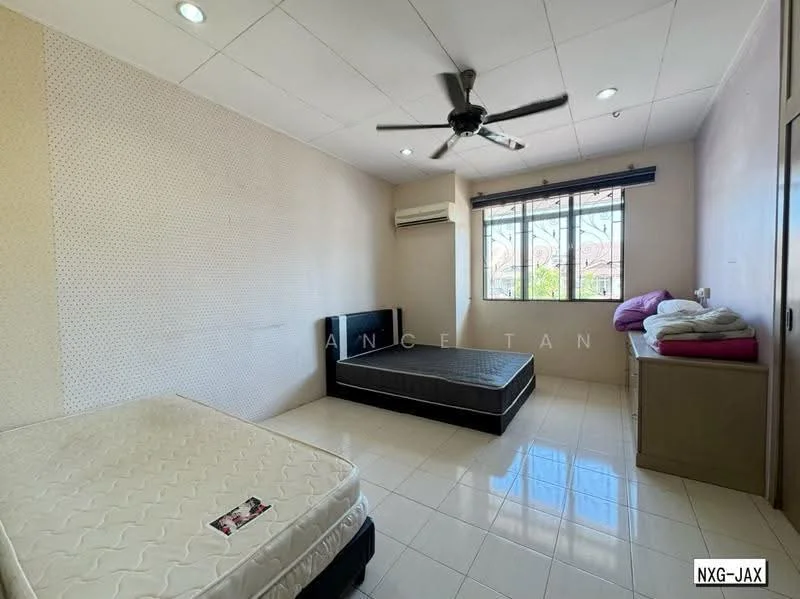 Bedroom features: white painted walls, white ceiling, tile flooring, floor-to-ceiling window, black bed frame, mattress on bed frame, ceiling fan, air conditioning unit, built-in wardrobe, piled bedding on furniture.