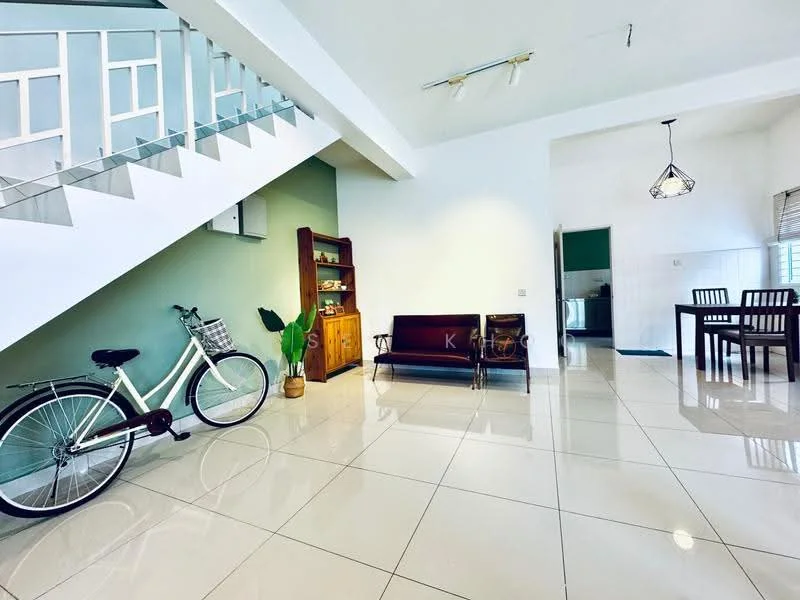 Living features: white painted walls, green accent wall, glossy tile flooring, ceiling lights, staircase with glass railing, bicycle, wooden shelving unit, wooden bench, dining table with chairs, indoor plant; style: modern.