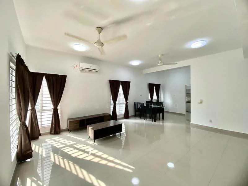 Living features: white painted walls, polished ceramic tile flooring, 5-blade ceiling fan, wall-mounted split AC, 2 large windows with sheer curtains, 2 brown curtains, dark wood TV console, coffee table, dining table in background; style: modern.