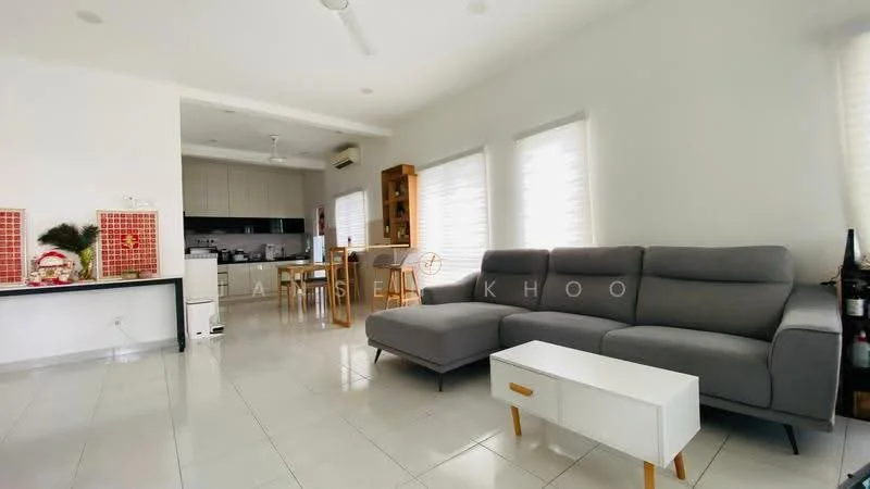 Living features: grey L-shape sectional sofa, white coffee table, white walls, tile flooring, recessed downlights, floor-to-ceiling windows with sheer curtains, open layout to kitchen, decorative wall with red tiles, dining table with chairs in background; style: modern. Kitchen features: white cabinetry, stainless-steel fridge, built-in oven, countertop with bar seating, tile backsplash, open layout to living area; style: modern.