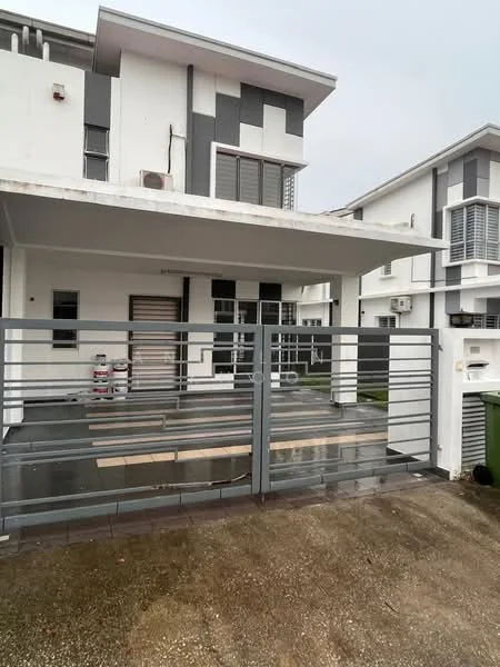 Exterior type: semi-detached house; features: white painted facade, grey accent panels, flat roof, covered car porch, metal railing, sliding glass door, multiple air conditioning units, manicured lawn, paved driveway, outdoor lighting; style: modern.