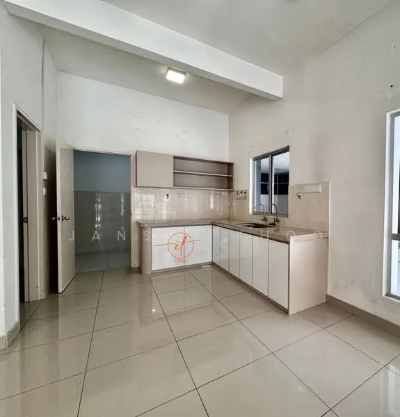 Kitchen features: white painted walls, glossy ceramic tile flooring, flat-panel beige cabinets, single-bowl stainless-steel sink, chrome pull-down faucet, white tiled backsplash, built-in countertop, window with no treatments, overhead lighting, open layout; style: modern.